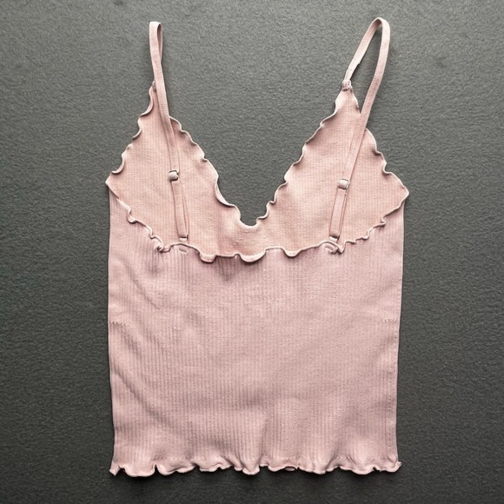 Aura Women Ribbed Tank Top Pink Lettuce Hem S/M Balletcore Y2K‎ Stretch